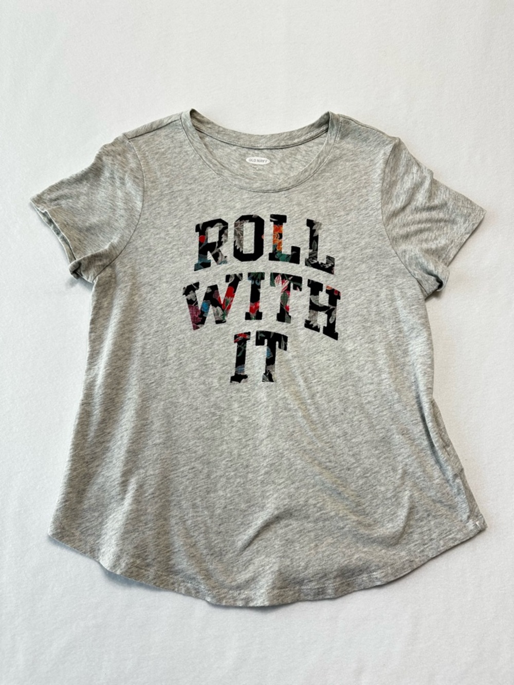 Old Navy Women Roll With It Graphic Tee Medium Gray Floral Letters Relaxed Tee